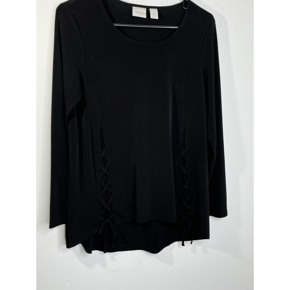Chico's Blouse Braided Criss Cross Side Black Top Long Sleeve  0 4 S (11)